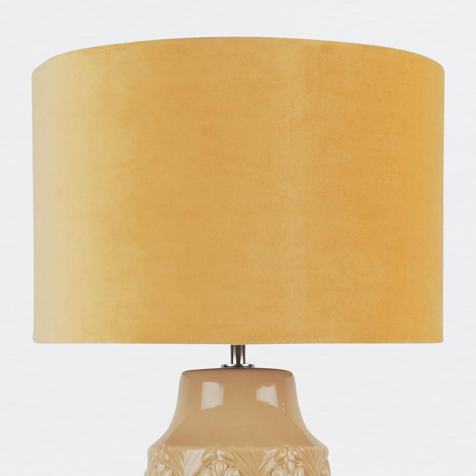 image 1 of First Choice Lighting Peacock Glazed Ceramic Lamp with Ochre Velour Shade Yellow | Yellow