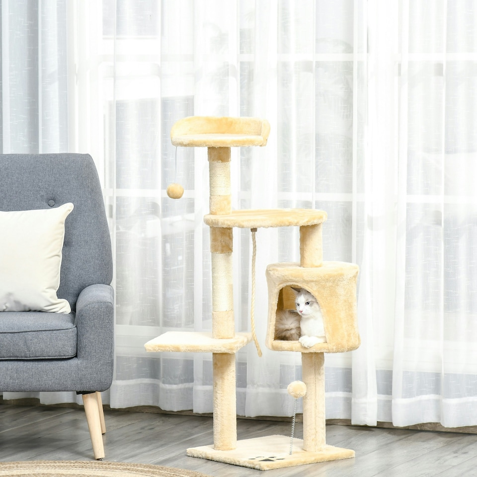 image 1 of PawHut Pet Activity Centre Cat Tree Condo with Scratching Post 4-Tier Beige