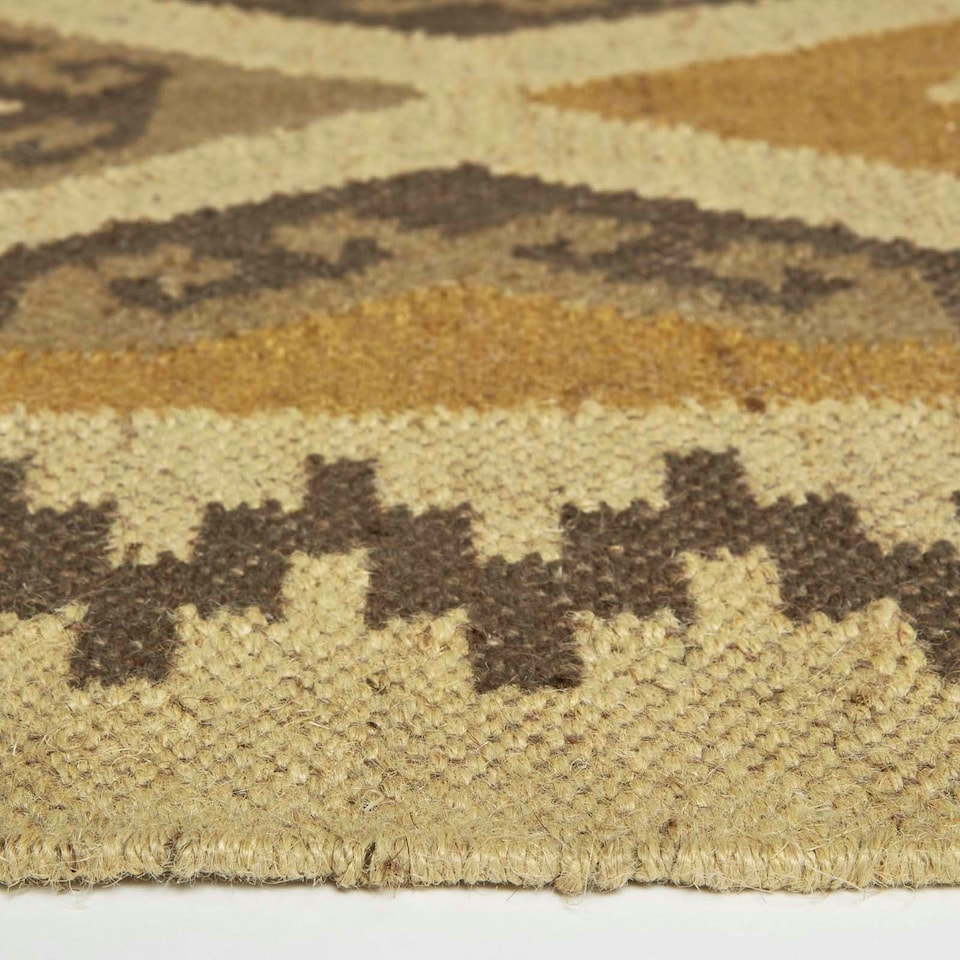 image 1 of Homescapes Ravar Brown and Gold Kilim Runner Wool Rug - 80 x 180 cm | Brown | 80 x 180 cm