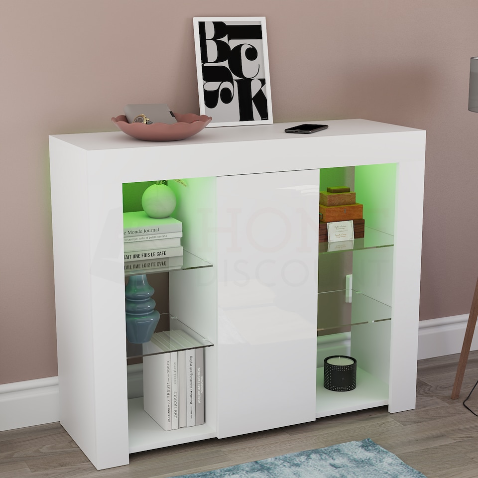 image 1 of Vida Designs Azura 1 Door LED Large Sideboard Buffet Cabinet Storage, White | White | 1