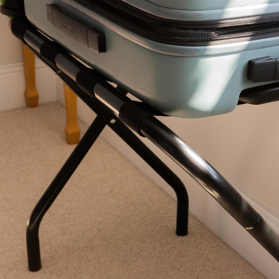 image 1 of Harbour Housewares Folding Metal Luggage Racks - Black - Pack of 2 Portable Suitcase Holders Travel Storage Stands