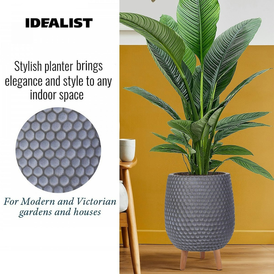 image 1 of Honeycomb Style Dark Grey Planter with Legs, Round Indoor Plant Pot Stand for Indoor Plants by Idealist Lite D30 H43 cm, 19L
