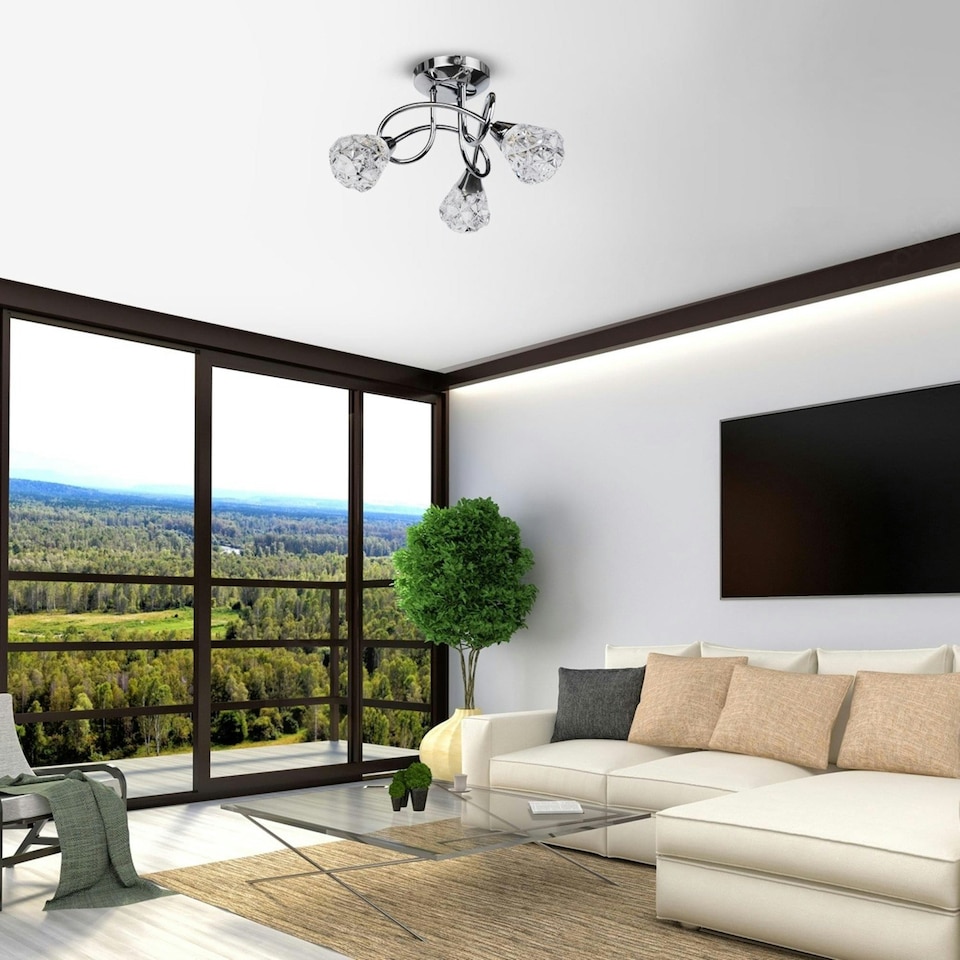 image 1 of Set of 2 Oto - Chrome with Clear Textured Glass 3 Light Flush Ceiling Lights Chrome