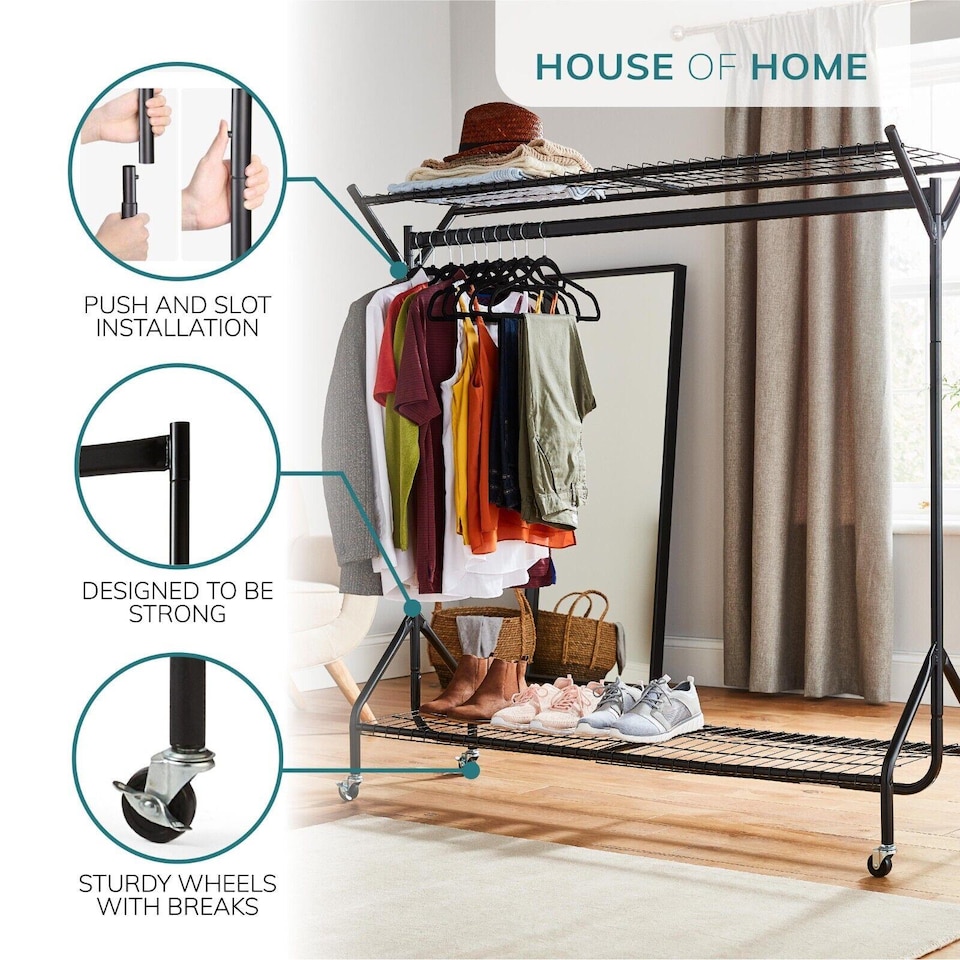 image 1 of House of Home Clothing Rail Heavy Duty Hanging Clothes Shoe Hat Rack Shelves With Wheels 4ft x 5ft | Black