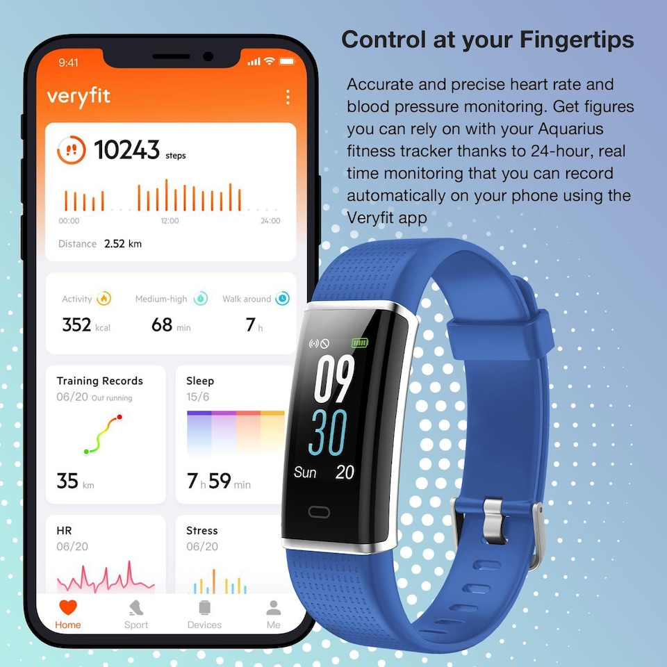 image 1 of Aquarius IP68 Waterproof Bluetooth Fitness Tracker Heart Rate Step Counter Blue
