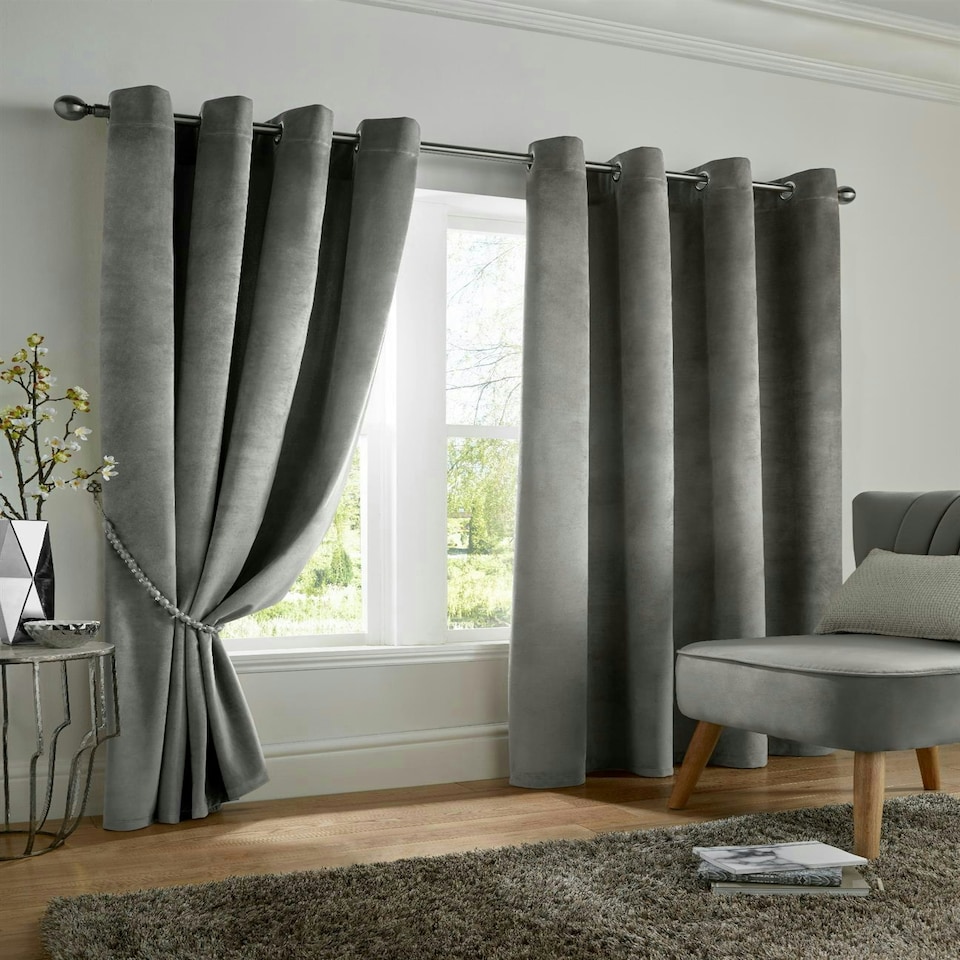 image 1 of Velvet Look Eyelet Ring Top Blackout Curtains - 168cm x 229cm - Silver