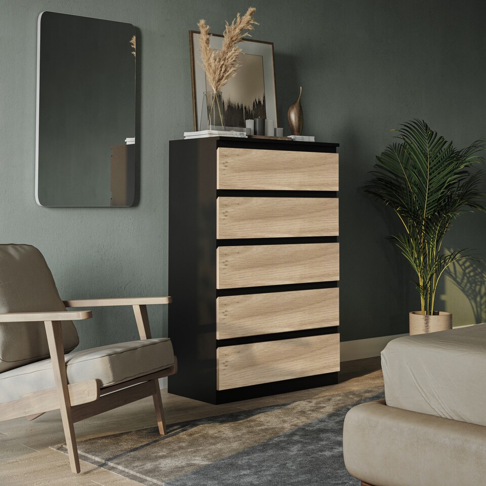 image 1 of Minimalist Chest of 5 Drawers 108.5x70x35 | Black | Black & Oak | 1