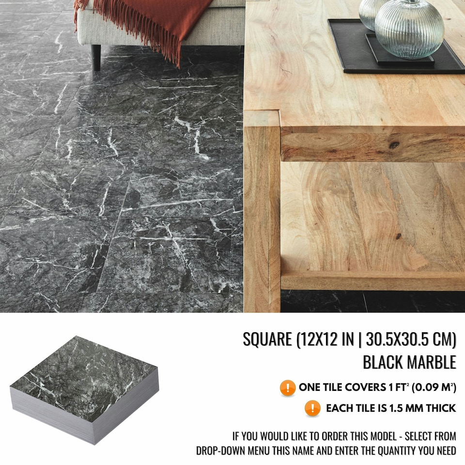 image 1 of NOVECRAFTO Black Self Adhesive Vinyl Floor Tiles - 12”x24” (30.48x60.96cm) - Large Peel & Stick Waterproof Marble Effect Flooring - Pack of Tiles Black | 3.71 sqm