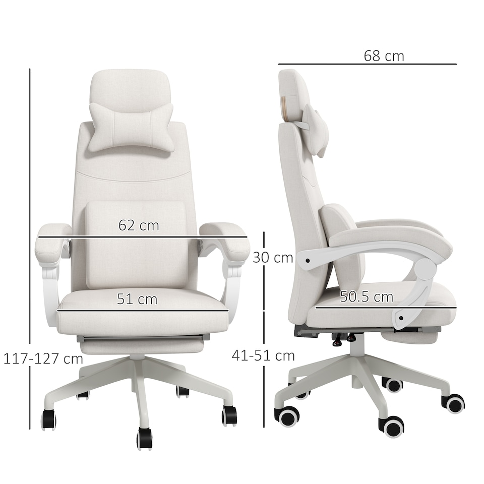 image 1 of Vinsetto Office Chair, Ergonomic Desk Chair, High Back Fabric Work Chair with 160 Reclining Backrest, Retractable Footrest, Neck and Lumbar Pillow for Home and Study, White