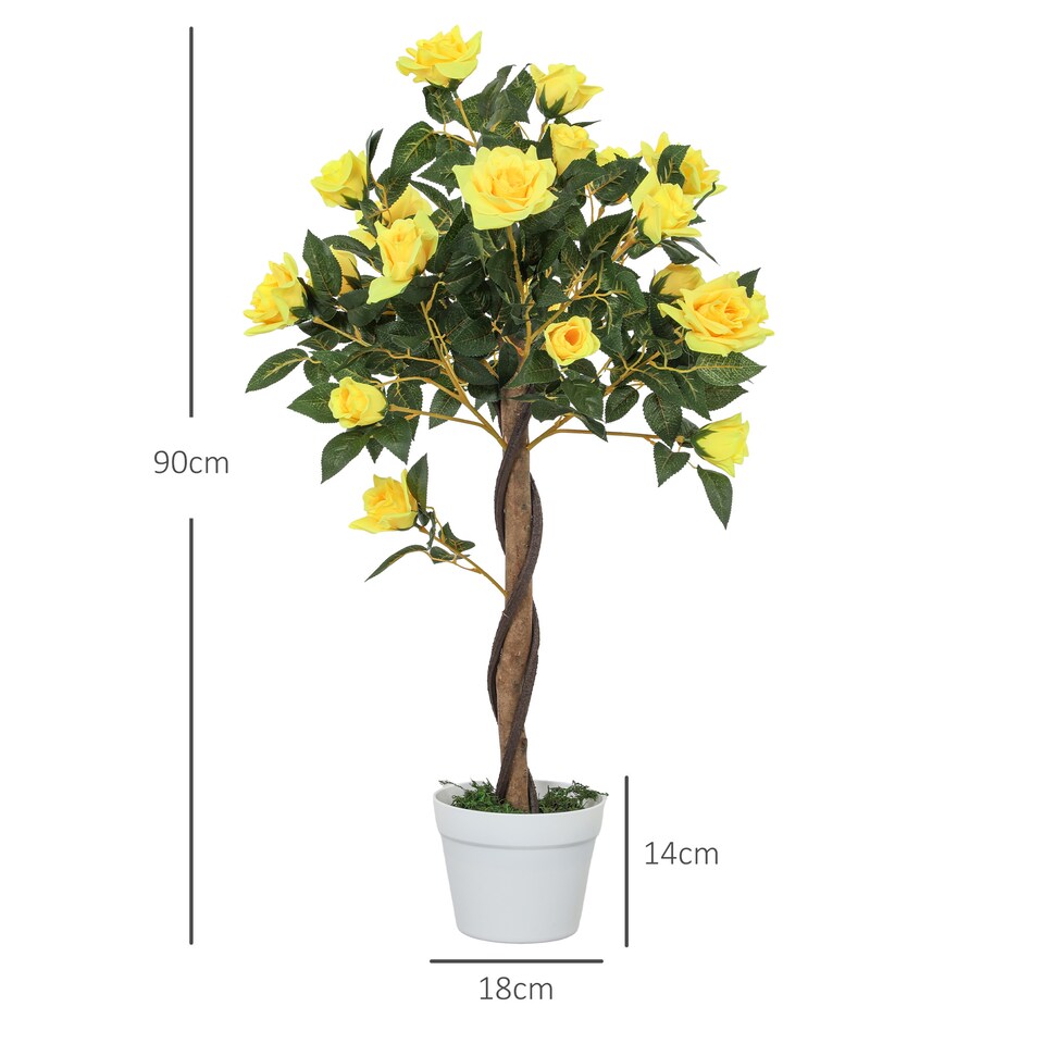 image 1 of Outsunny Set of 2 90cm3FT Artificial Rose Tree, Fake Decorative Plant with Pot, UV-Resistant FauTree for Outdoor Indoor Home Office Decor, Yellow