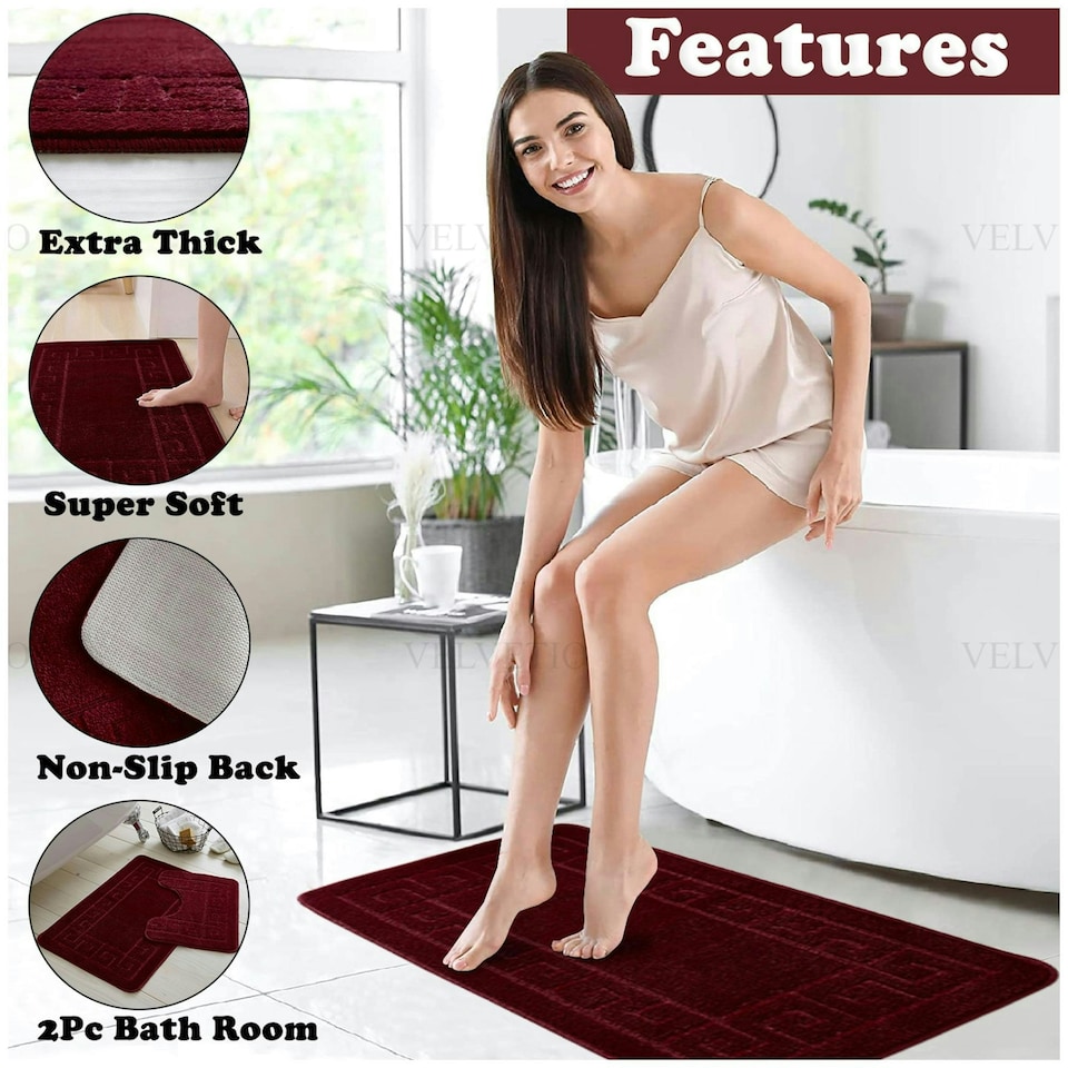 image 1 of VELVETIO Greek Bath Mat & Pedestal Mat Water Absorbent Non Slip Toilet Rugs Red | Burgundy