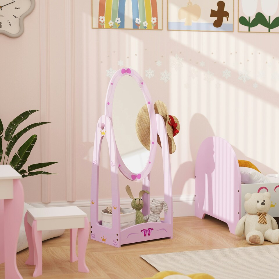 image 1 of AIYAPLAY Rotating Kids Full Length Mirror with Storage Shelf, Pink