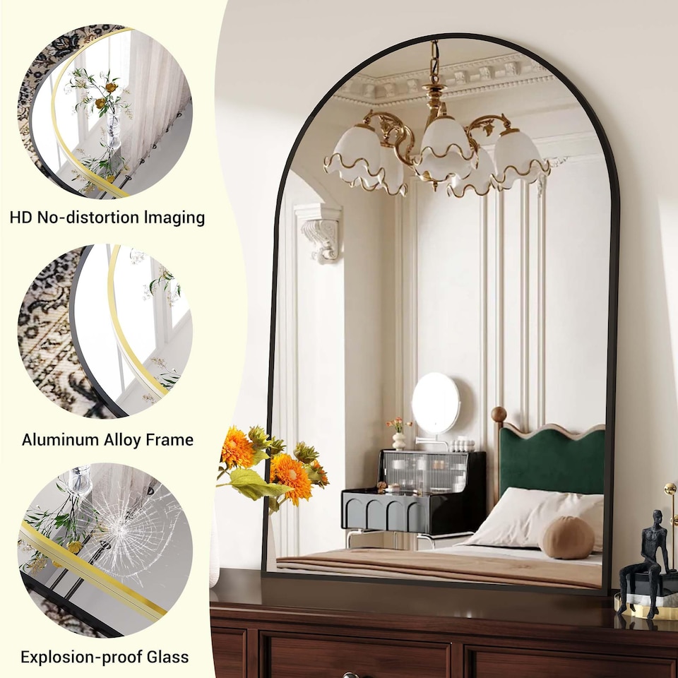 image 1 of London Boutique Black Arched Wall Mirror Framed Bathroom Mirror 75 x 50 cm, 1 Piece