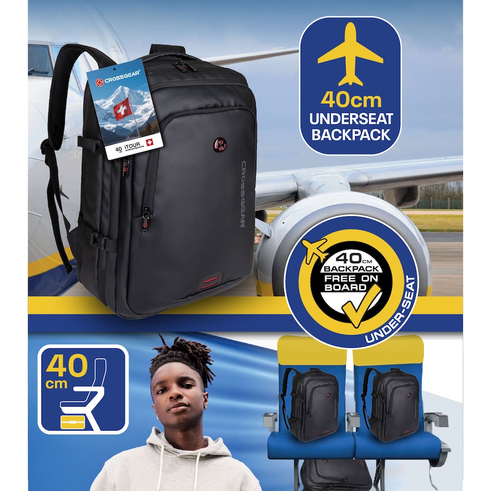 image 1 of Crossgear iTOUR 40cm Underseat Cabin Backpack with Built-In Vacuum Compression Pack - Airline Approved, USB Charging, 22L, Water Resistant, Ryanair and Wizz Air Compatible - USB Pump Included
