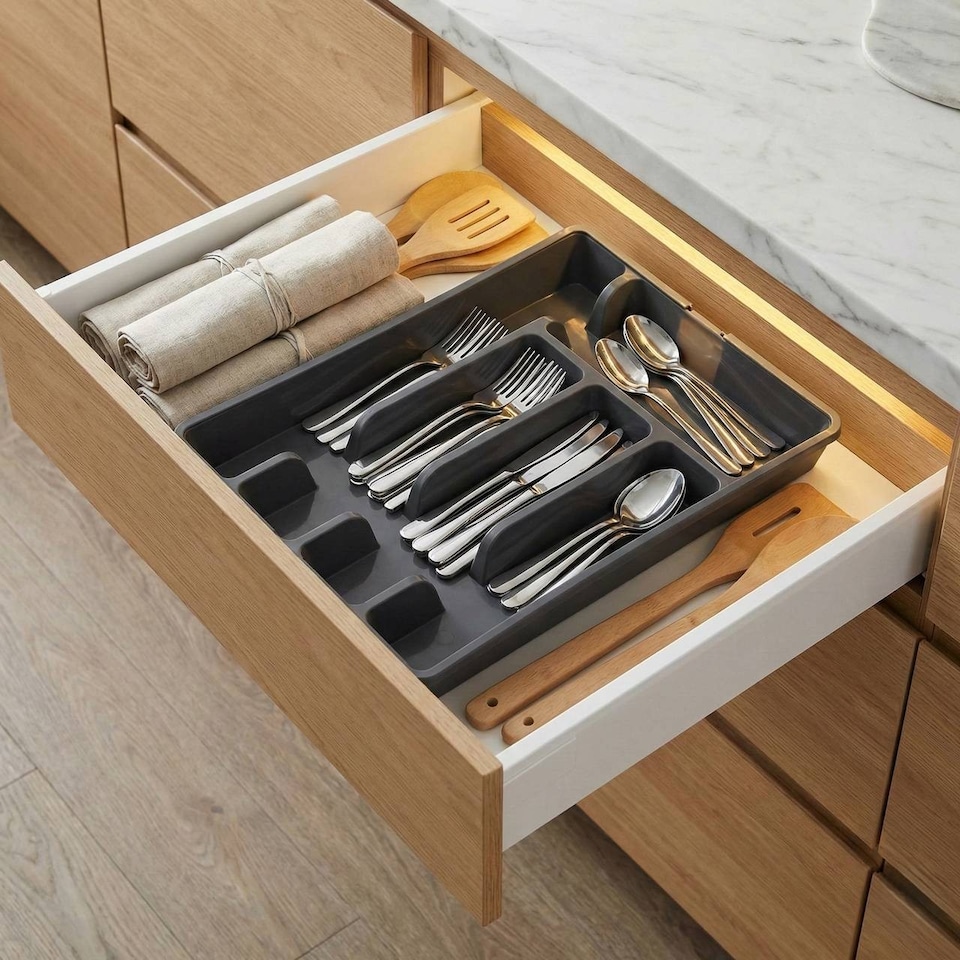 image 1 of 7-Section Extendable Plastic Cutlery Tray Organiser | Black | 1