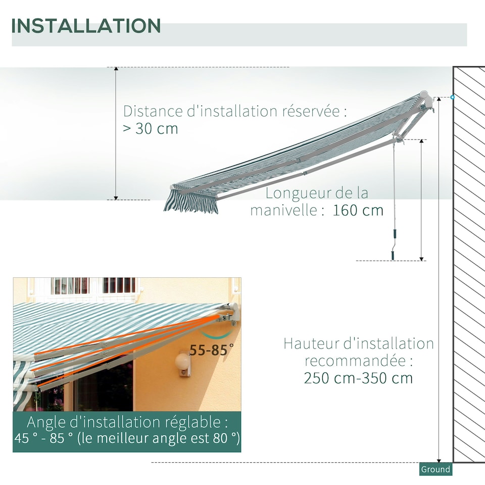 image 1 of Outsunny Garden Sun Shade Canopy Retractable Awning, 4 x 3(m) Green and White