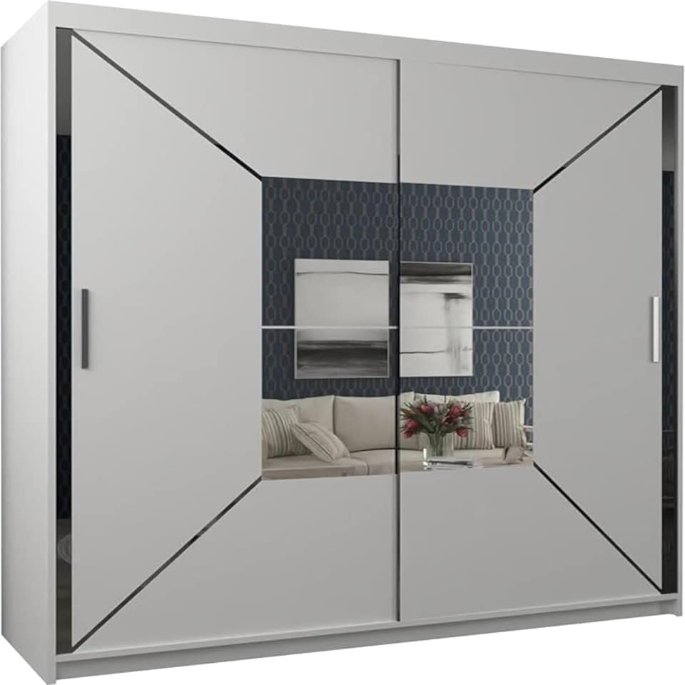 image 1 of Modern Geometric Mirror Sliding Door Wardrobe 180cm | White/Black/Grey 2-Door Bedroom Cabinet Black | Black180cm