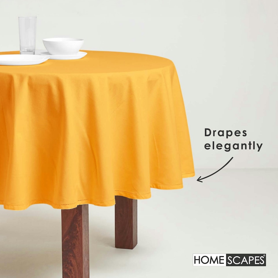 image 1 of Homescapes Mustard Yellow Cotton Round Tablecloth - 178 cm | Yellow | 178cm (70")