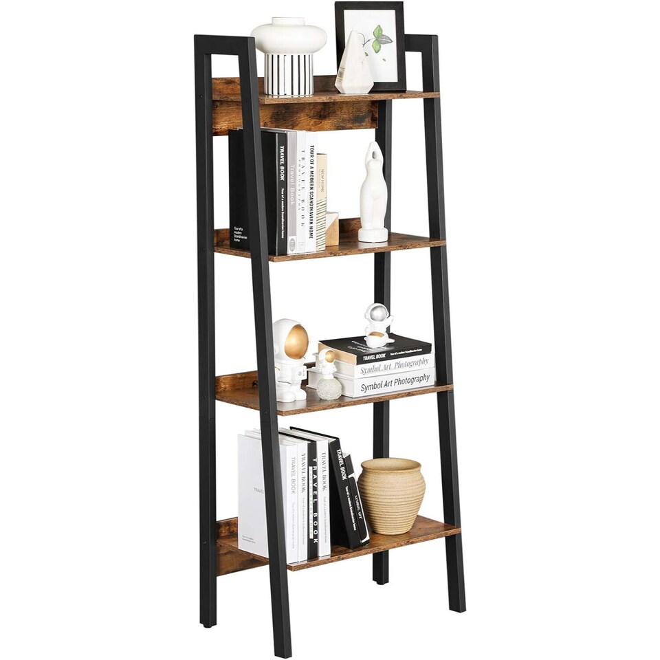 image 1 of 4-Tier Slim Ladder Shelf Vertical Bookcase Storage Unit for Home Office, Rustic Brown and Ink Black