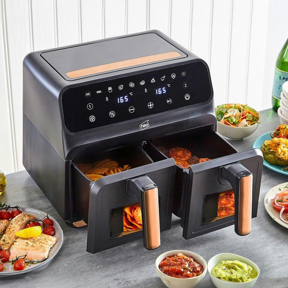 image 1 of Neo Black & Copper Electric 8.5L Digital Air Fryer with Dual Drawer and Glass Viewing Window