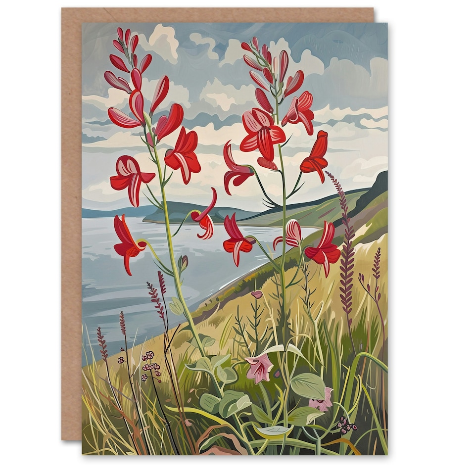 image 1 of Red Wildflowers On Hunt Cliff Saltburn Him Her Birthday Card