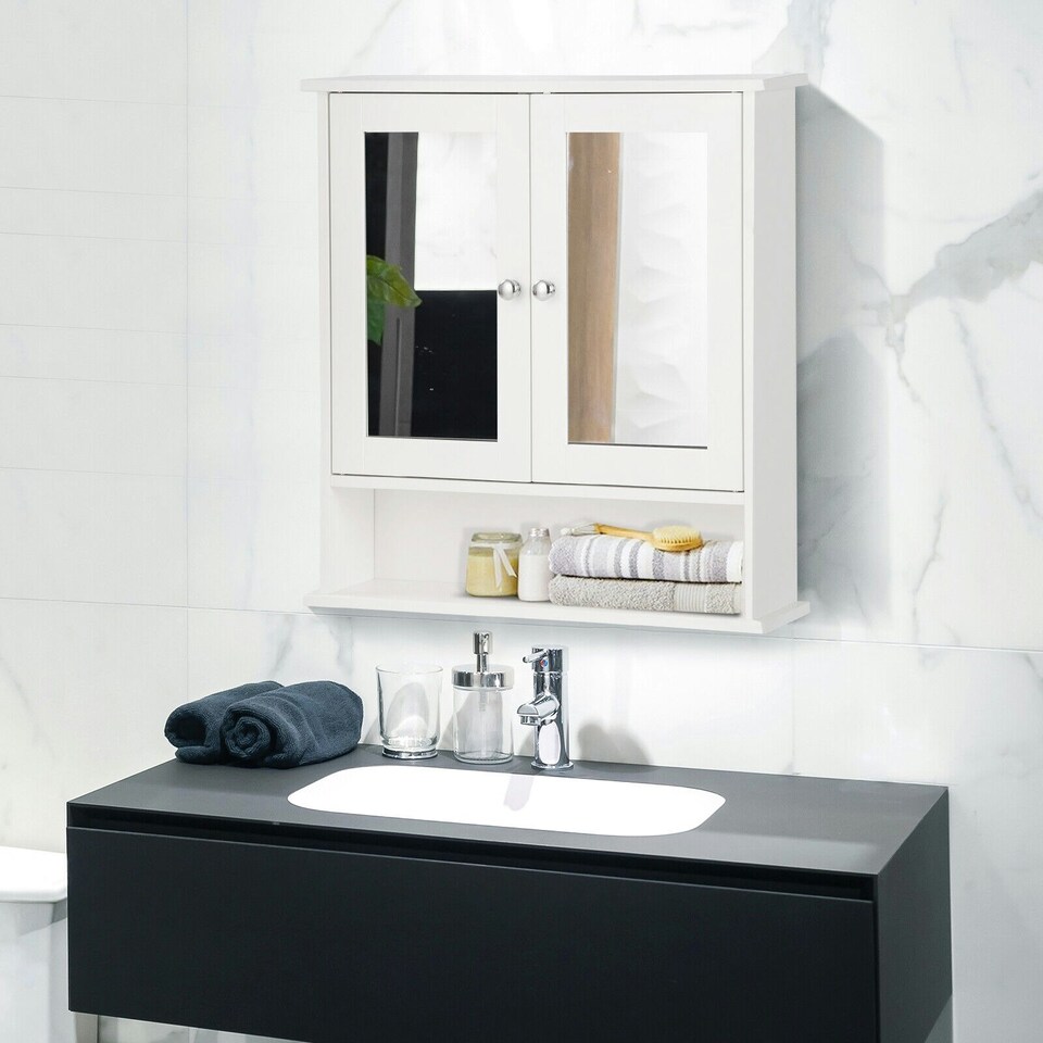 image 1 of COSTWAY Wall Mounted Bathroom Mirror Cabinet Storage White White