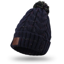 Pom Pom Beanie Hat with Rechargeable Bluetooth Wireless Headphones Integrated – Audio, Volume, Call Buttons - Built-In Mic for Hands Free Calls - August EPA30L | Blue