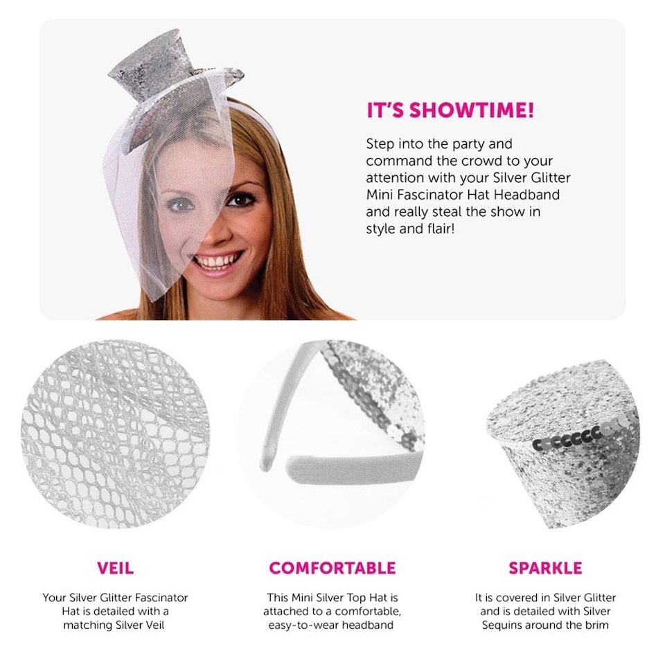 image 1 of Pack of 6 Mini Silver Glitter Fascinator Top Hat Silver | One Size