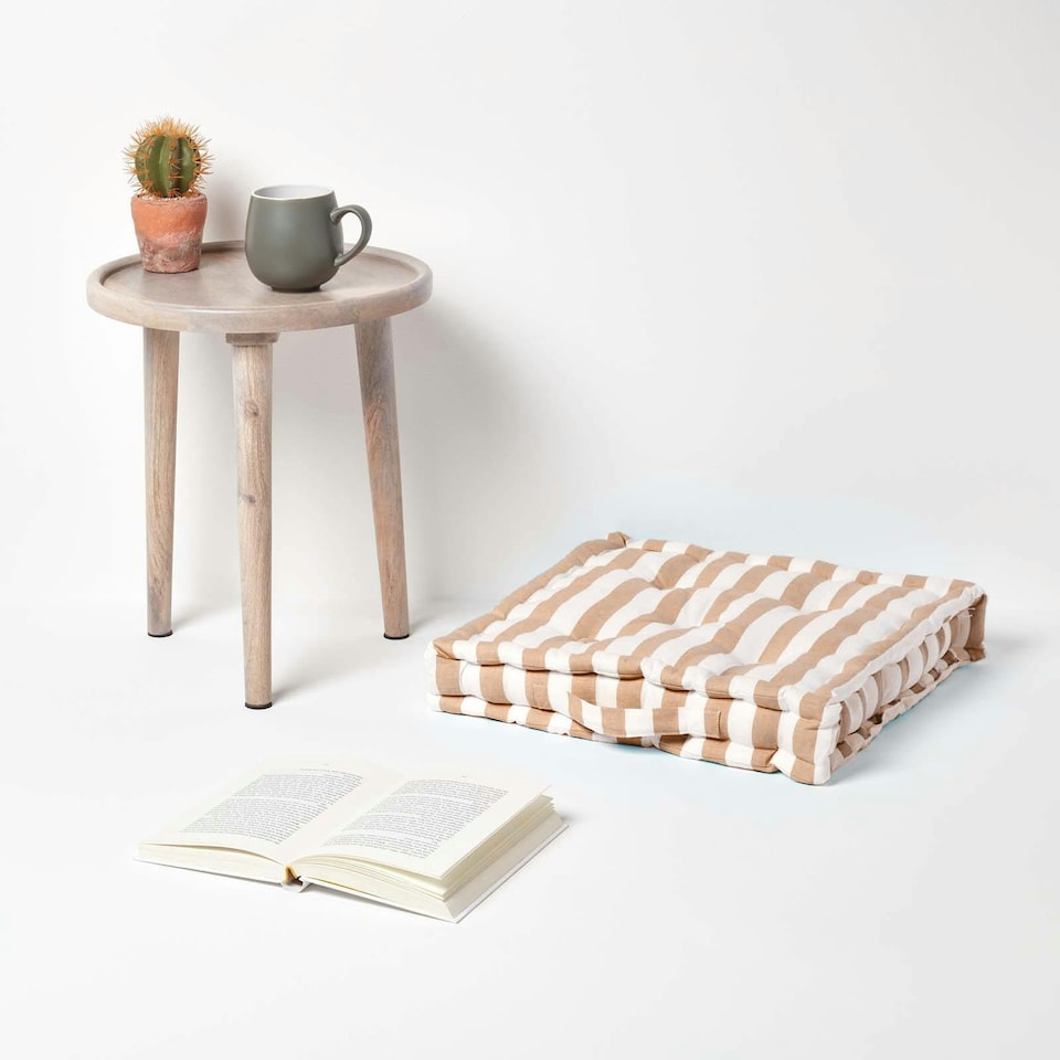 image 1 of Homescapes Cotton Beige Thick Stripe Floor Cushion - 50 x 50 cm | Cream | Beige | 50 x 50 cm