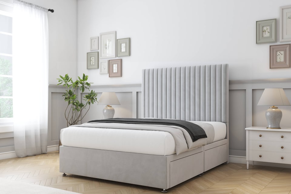 image 1 of Sloomy Manhattan Silver Plush Divan Bed With Mattress 4 Drawers With 54" Floor Standing Headboard 4'6 Double | Silver | Silver | Double | 1