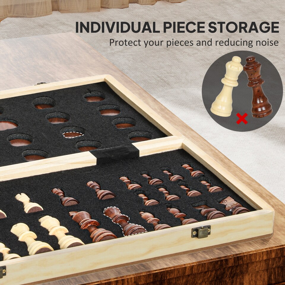 image 1 of SPORTNOW 15 Inch Wooden Chess Set with Draughts Board Game, 2 in 1 Foldable Chess and Draughts Set with Pine Wood Pieces, Storage Grooves for Travel for Adults and Kids, Brown