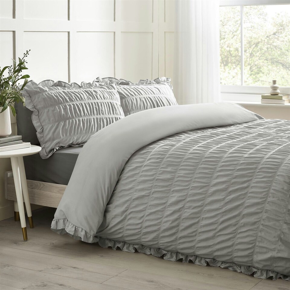 image 1 of Catherine Lansfield Seersucker Frill Silver Duvet Cover Set Grey | Double