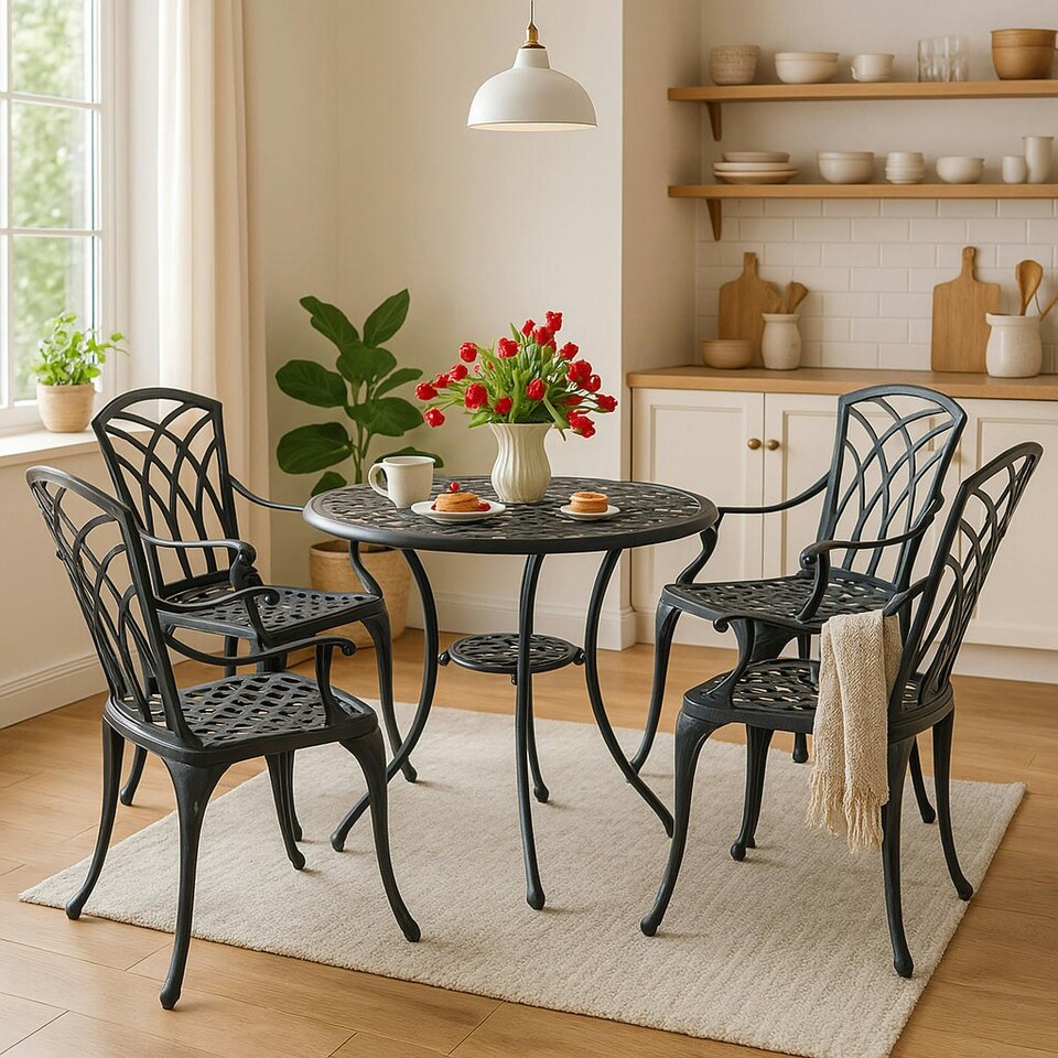 image 1 of Centurion Supports OSHOWA Garden and Patio Table and 4 Large Chairs with Armrests Cast Aluminium Bistro Set - Black