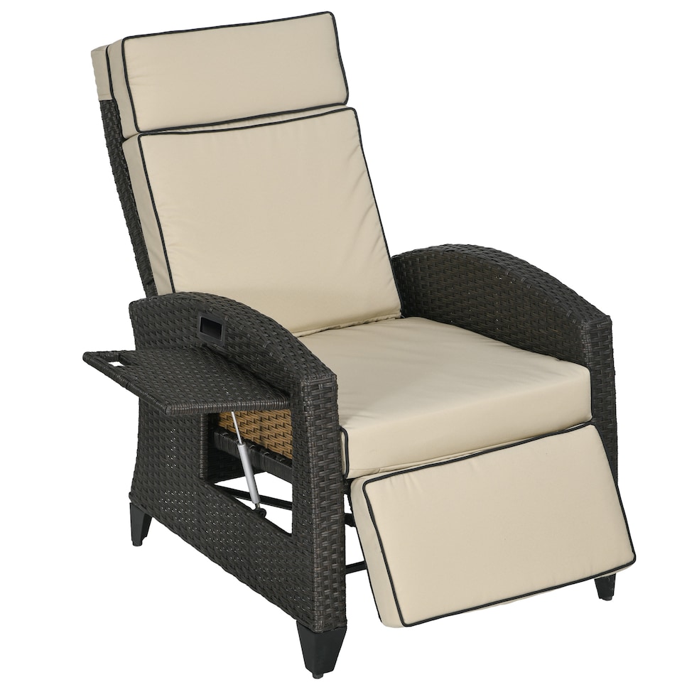 image 1 of Outsunny Garden Recliner w/ Cushion, Reclining Rattan Chair, Khaki/Brown