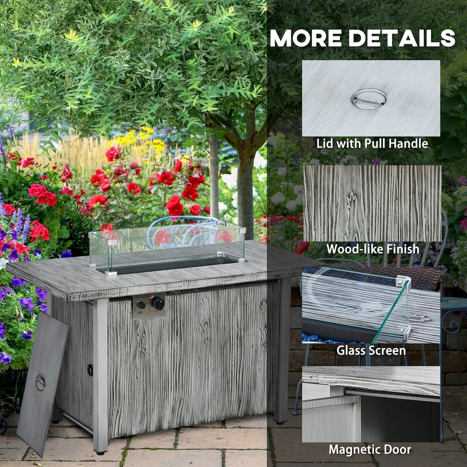 image 1 of Outsunny Fire Pit Table with 50,000 BTU Burner, Cover, Glass Screen, Grey