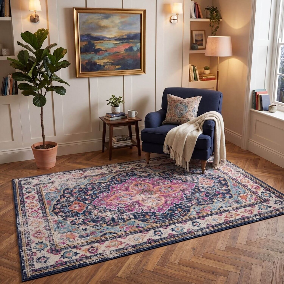 image 1 of The Rugs Marrakech Collection Pink and Navy Distressed Medallion Living Room Floor Rug and Runner | 440