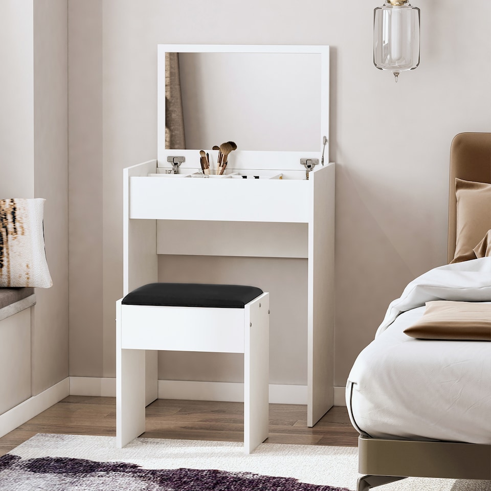 image 1 of HOMCOM Dressing Table with Mirror and Stool, Vanity Makeup Table with Flip Up Mirror, Vanity Desk with Storage Unit and Padded Seat, White