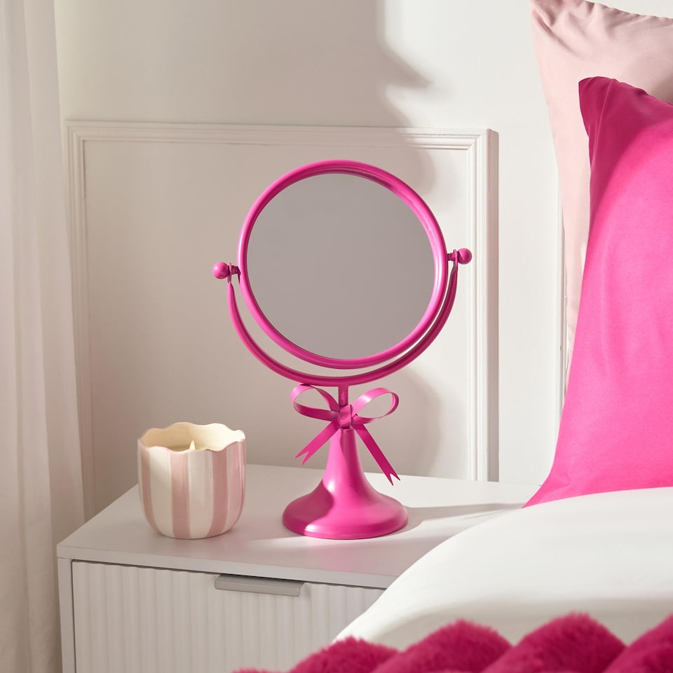 image 1 of OHS Bow Pedestal Free Standing Swing Makeup Vanity Mirror | Pink | Hot Pink