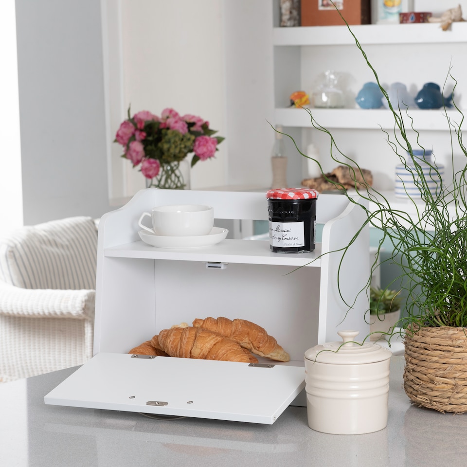 image 1 of Minack Wooden Bread Bin in White - Freestanding Worktop Storage Box with Shelf | White