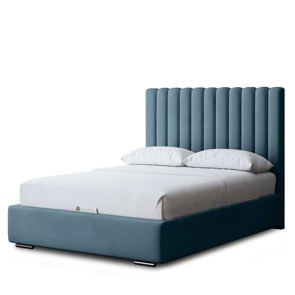 image 1 of Evangeline Divan Bed with Upholstered Headboard - Blue - Single / 3ft