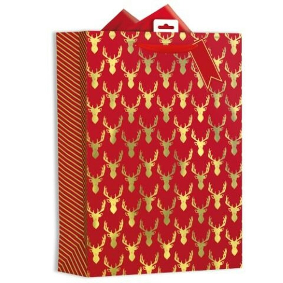 image 1 of Red Stag Heads Design Extra Large Christmas Gift Bag