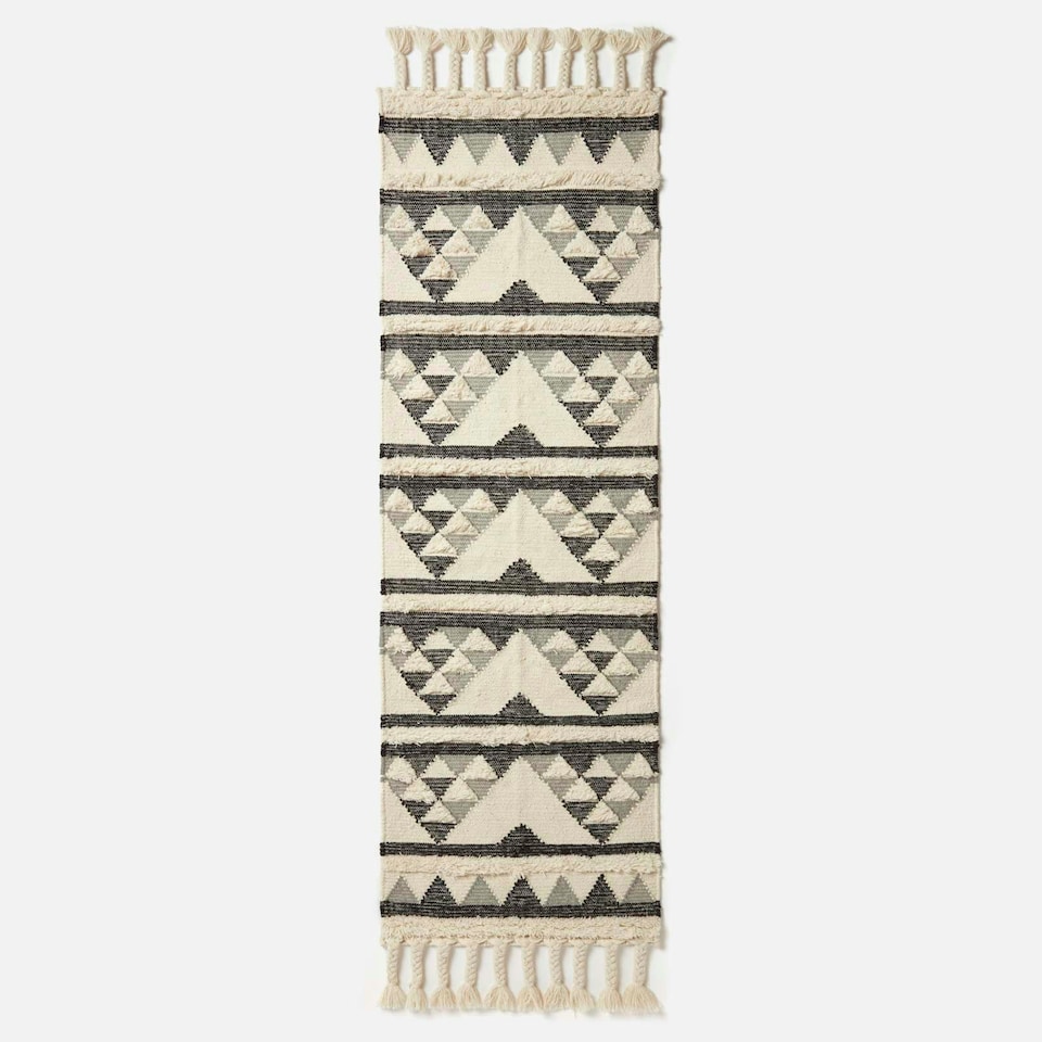 image 1 of Homescapes Kota Black and Grey Kilim Runner Wool Rug - 66 x 200 cm | Grey | 66 x 200 cm