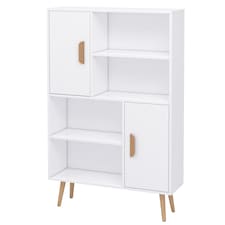 HOMCOM Sideboard Bookshelf Free Standing Bookcase Shelves Unit Display Storage Cabinet w  Adjustable Shelves, Wooden Leg, Two Doors, White