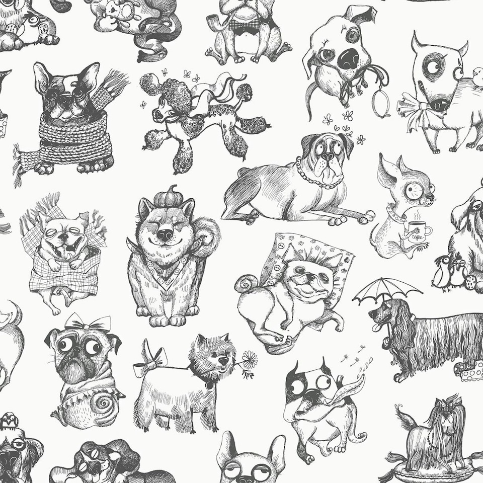 image 1 of Muriva Pooches Mono Wallpaper - Black/White - 10m x 52cm | Black