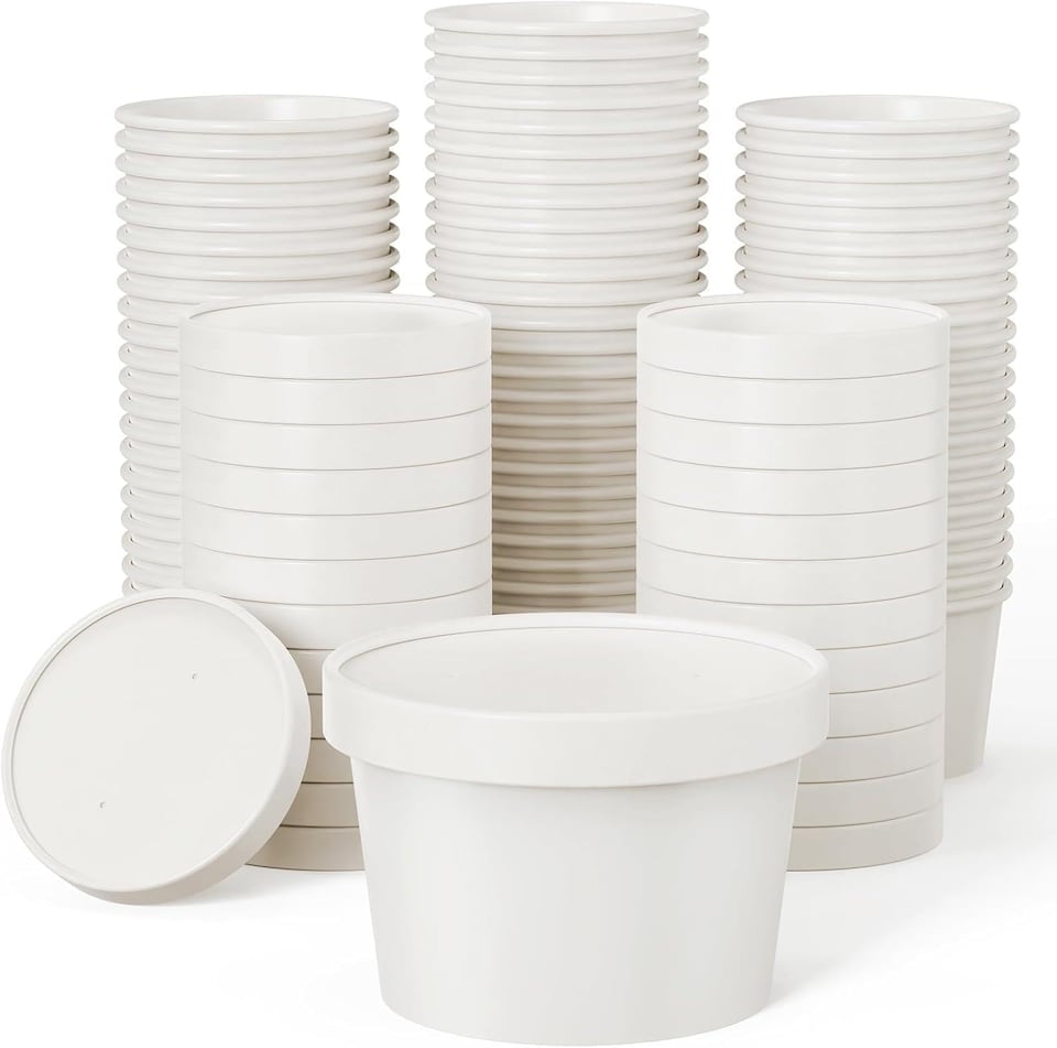 image 1 of ECONX 8oz White Disposable Paper Soup Cups Food Containers with Lids Takeaway Tubs 25pc