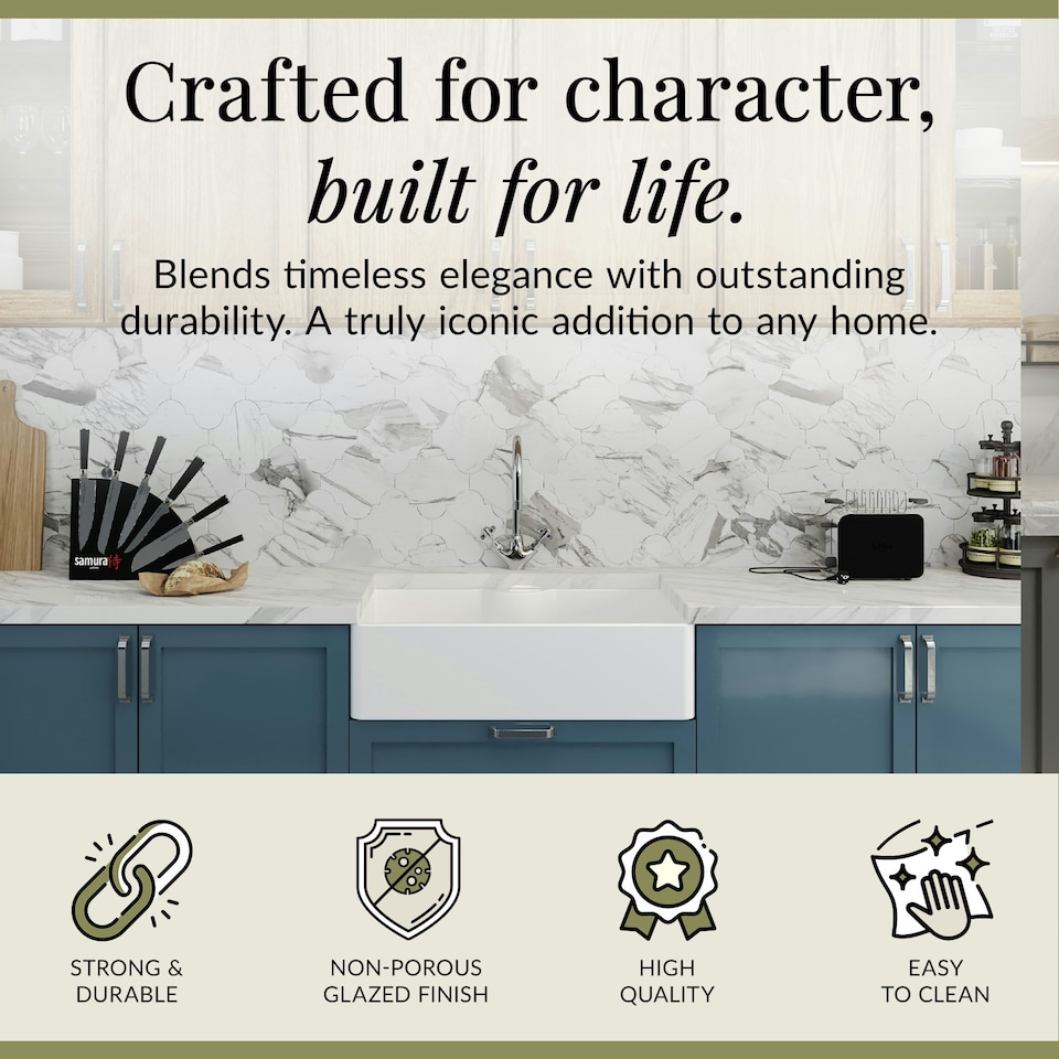 image 1 of Fireclay 795mm 1 Bowl Butler Kitchen Sink - Tap Ledge with Classic Tap & Waste - Ceramic Kitchen Sink & Tap