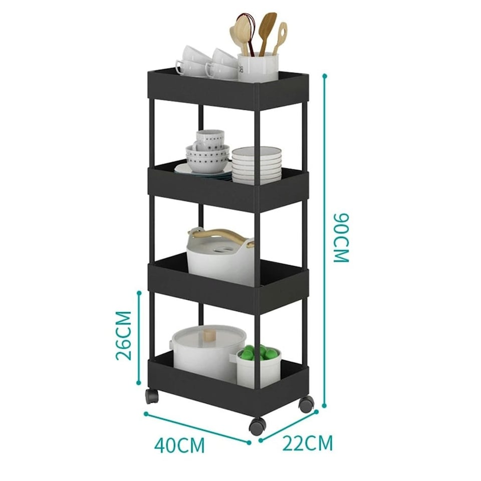 image 1 of Living and Home 4 Tiers Shelf  Trolley Cart Storage Rack for Kitchen & Bathroom - Black