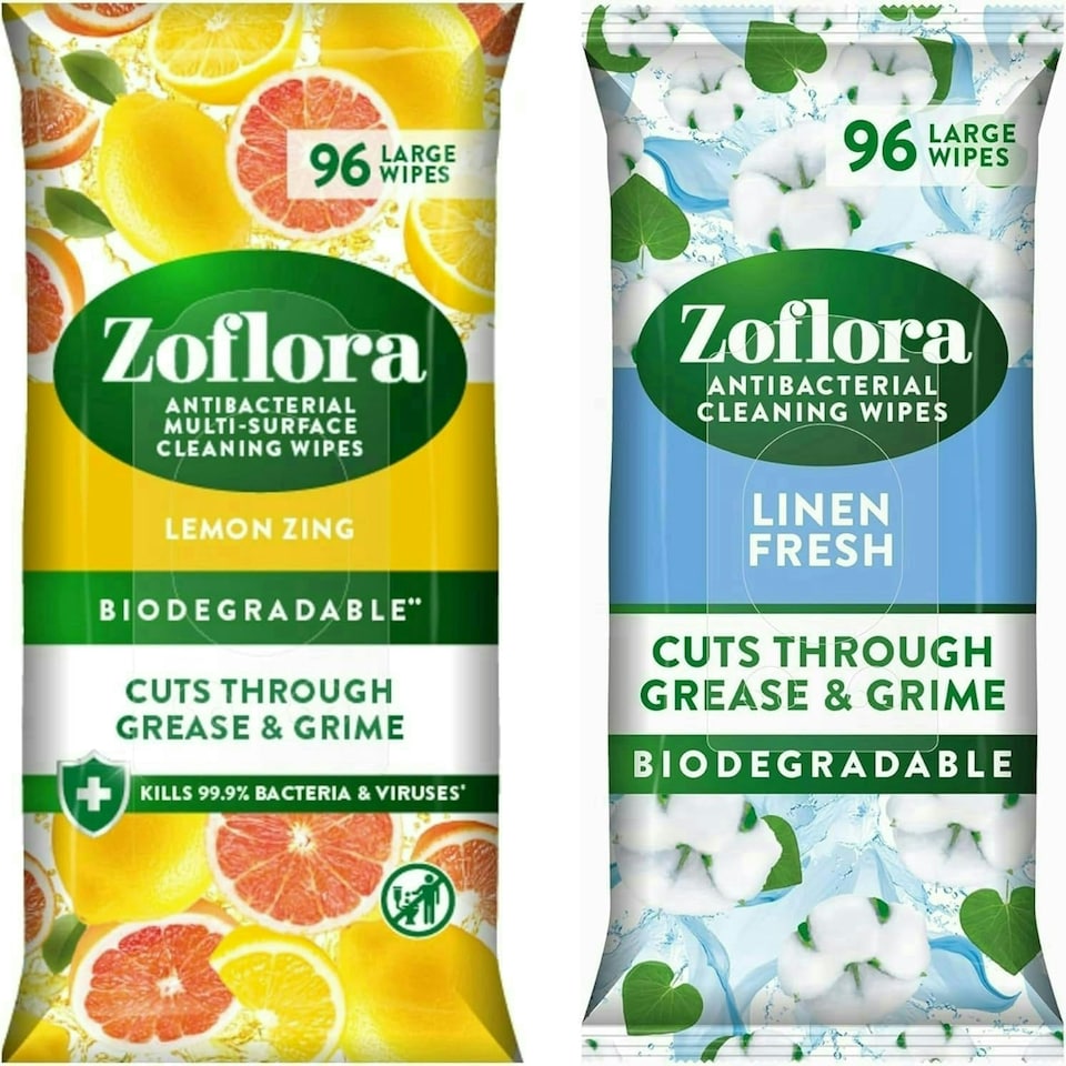 image 1 of Zoflora Antibacterial Cleaning Wipes Bundle - Lemon Zing 96 wipes & Linen Fresh 96 Wipes