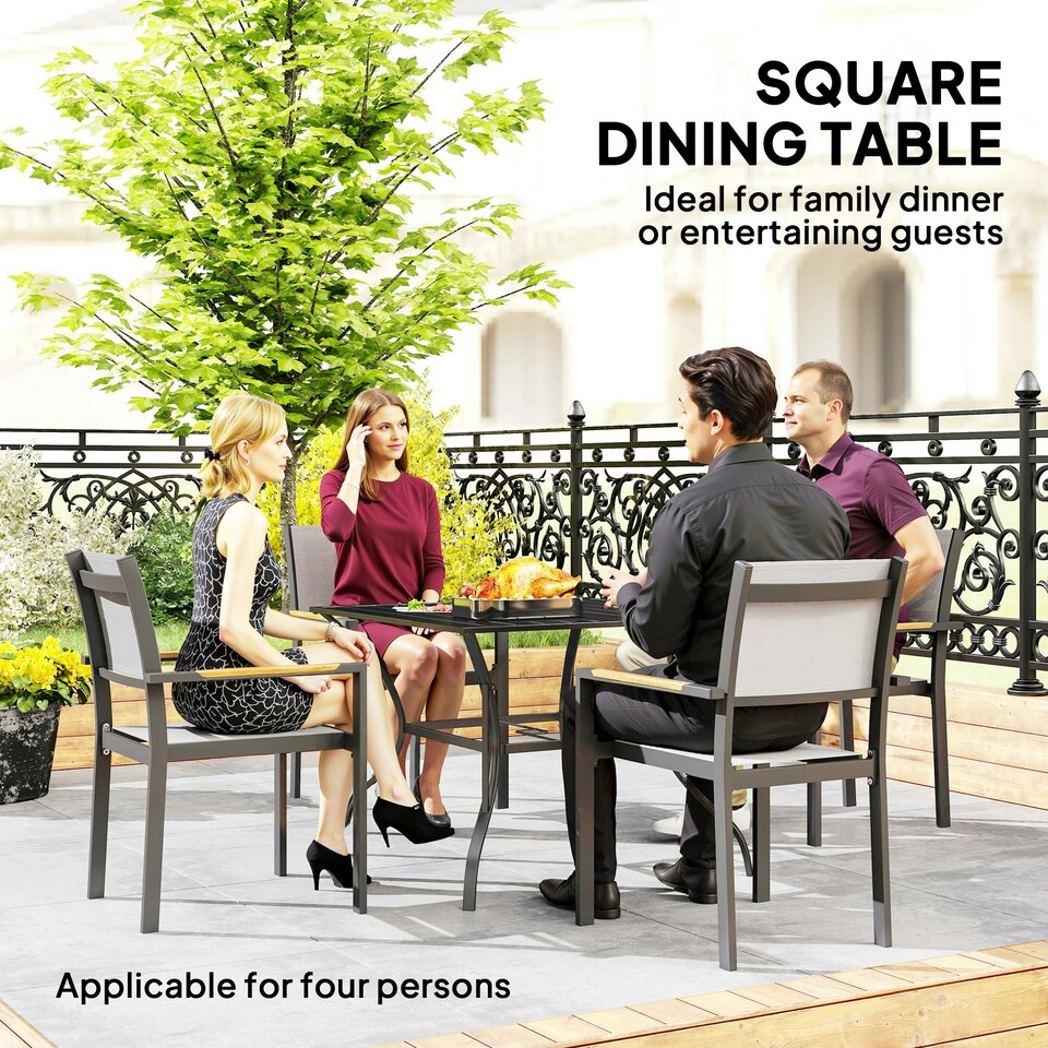 image 1 of Outsunny Garden Table with Parasol Hole for Four, Slatted Metal Plate Top Black