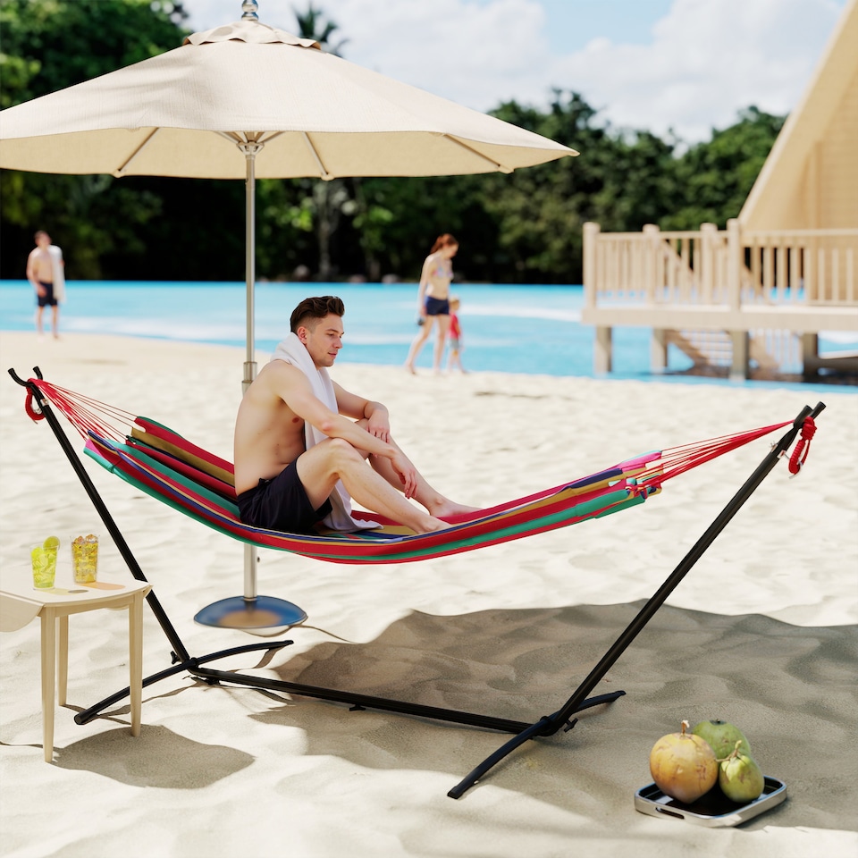 image 1 of Outsunny 298 x 117cm Hammock with Metal Stand Carrying Bag 120kg Multicolour | Multi | Multicolour stripe | L